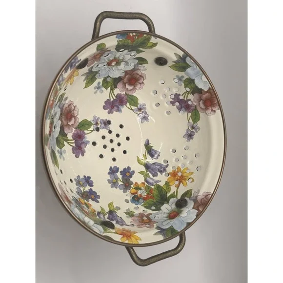 MacKenzie Childs White Flower Market Enamelware Kitchen Colander Small Strainer - Picture 3 of 7